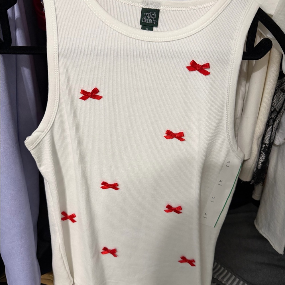 Wild Fable White Ribbed Tank with Red Bow Accents